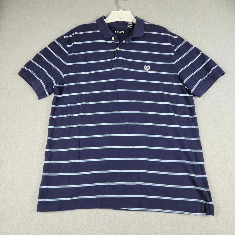 Chaps Polo Shirt Mens XL Navy Blue Cotton Striped Short Sleeve Crest Logo Pique